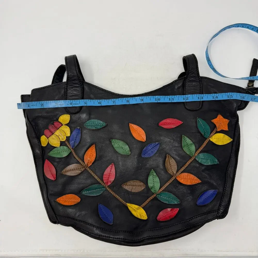 Belleza Mandova Black Leather Shoulder Bag Multicolor Leaf‎ Appliqué